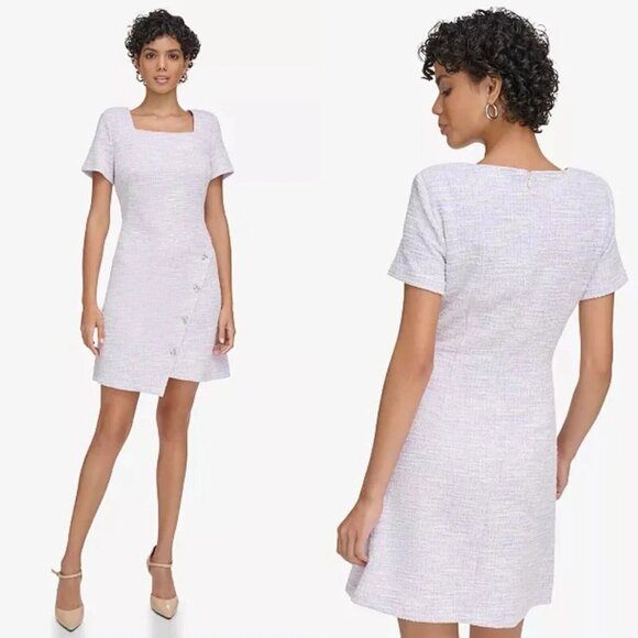 Calvin Klein Dress Purple Tweed Faux Wrap Button Short Sleeve NWT - Picture 2 of 14